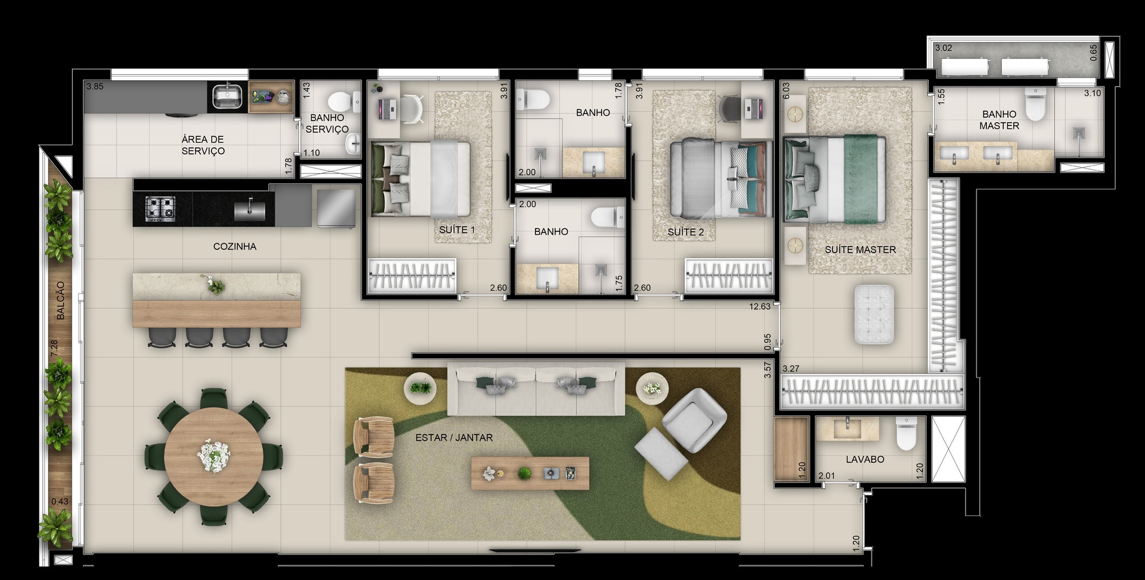 Planta 01 - 3 dorm 157 19m²