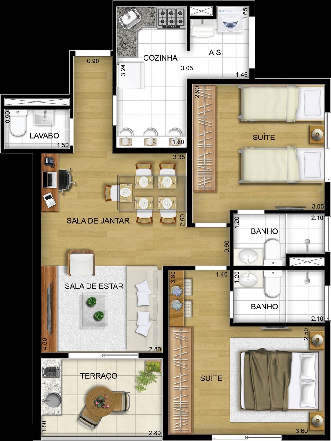 Planta 01 - 2 dorm 64 15m²