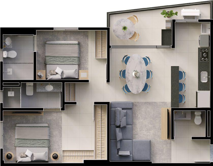 Planta 03 - 2 dorm 78 71m²