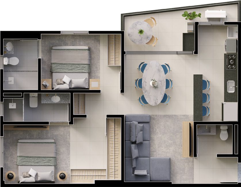 Planta 03 - 2 dorm 78 71m²