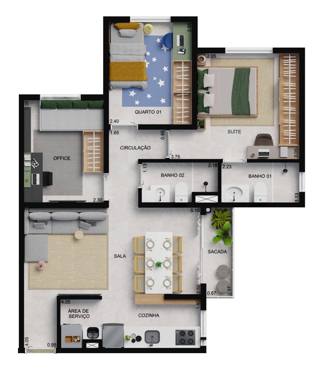 Planta 02 - 3 dorm 61m²