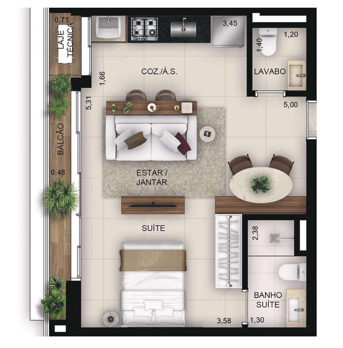Planta 04 - 1 dorm 43,15m² - studio