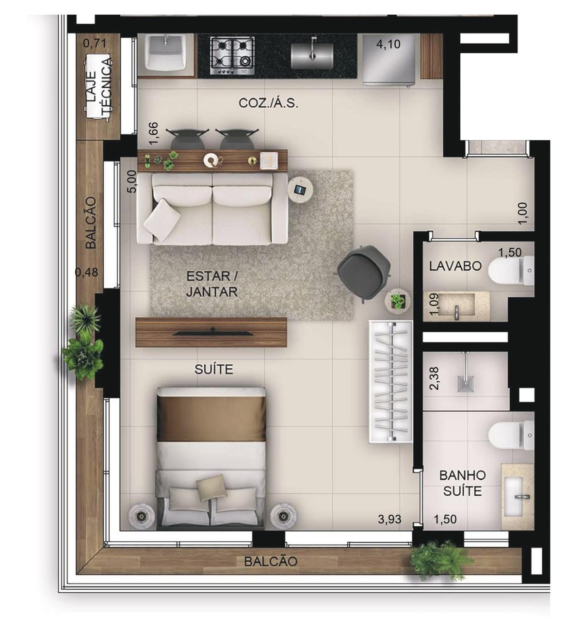 Planta 10 - 1 dorm 47,12m² - studio