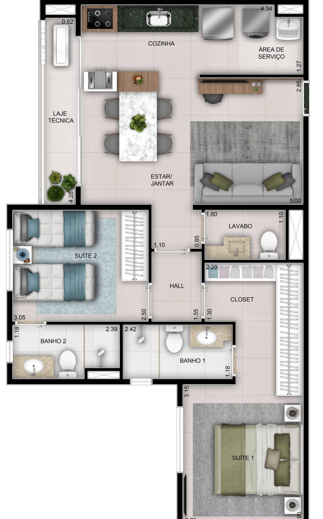 Planta 02 - 2 dorm 68m²