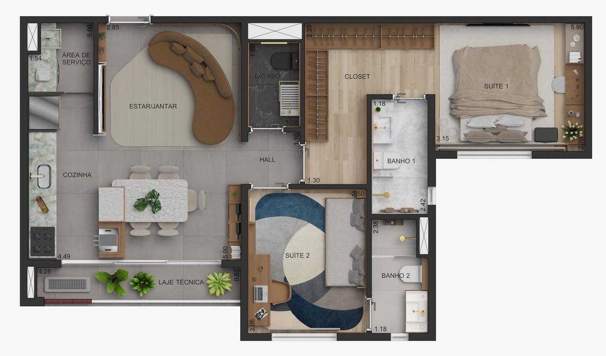 Planta 03 - 2 dorm 68m²