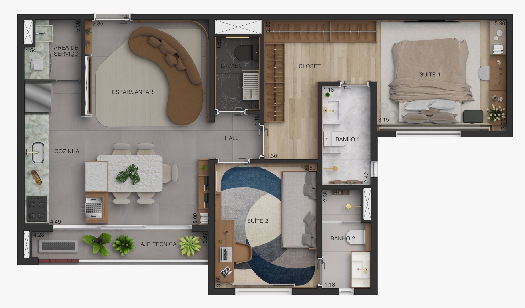 Planta 03 - 2 dorm 68m²