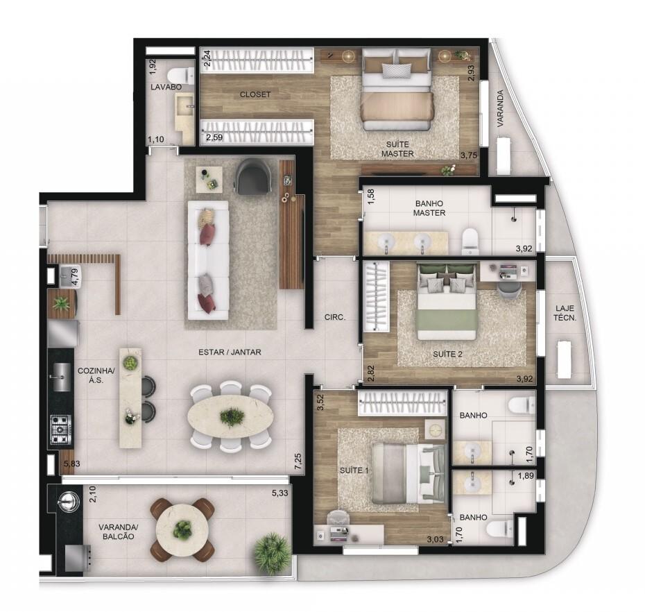 Planta 05 - 3 dorm 130m²