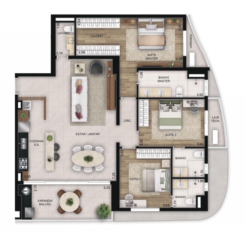 Planta 05 - 3 dorm 130m²