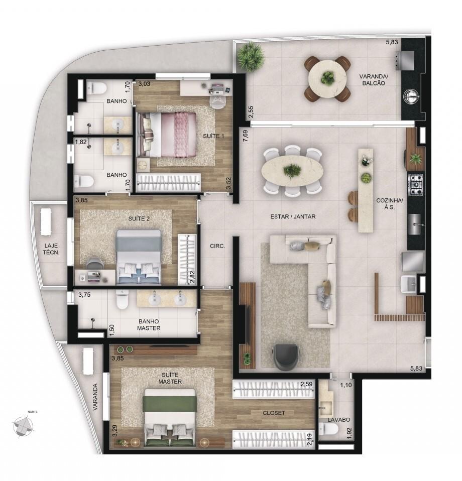 Planta 07 - 3 dorm 139m²
