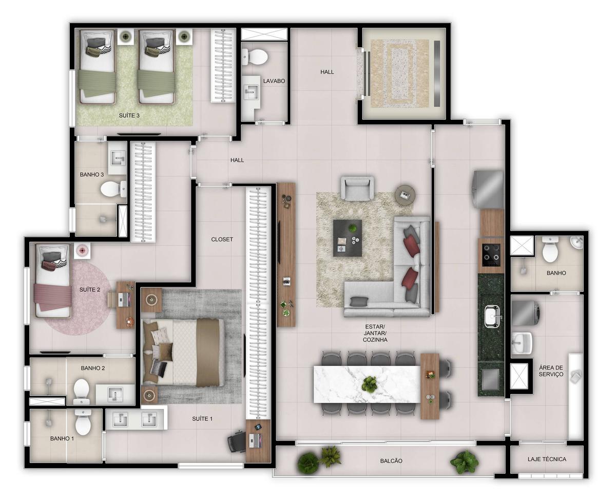 Planta 01 - 3 dorm 130m²