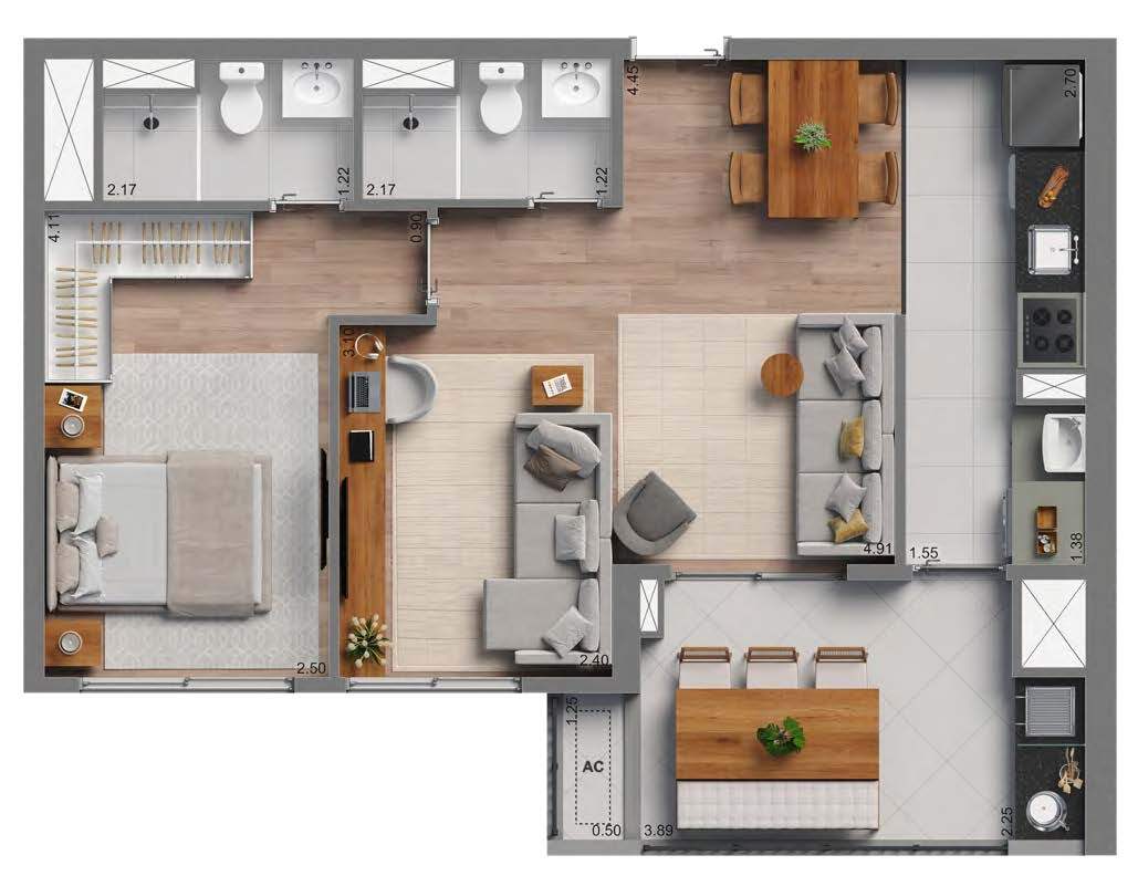 Planta 02 - 1 dorm 60m² - opção