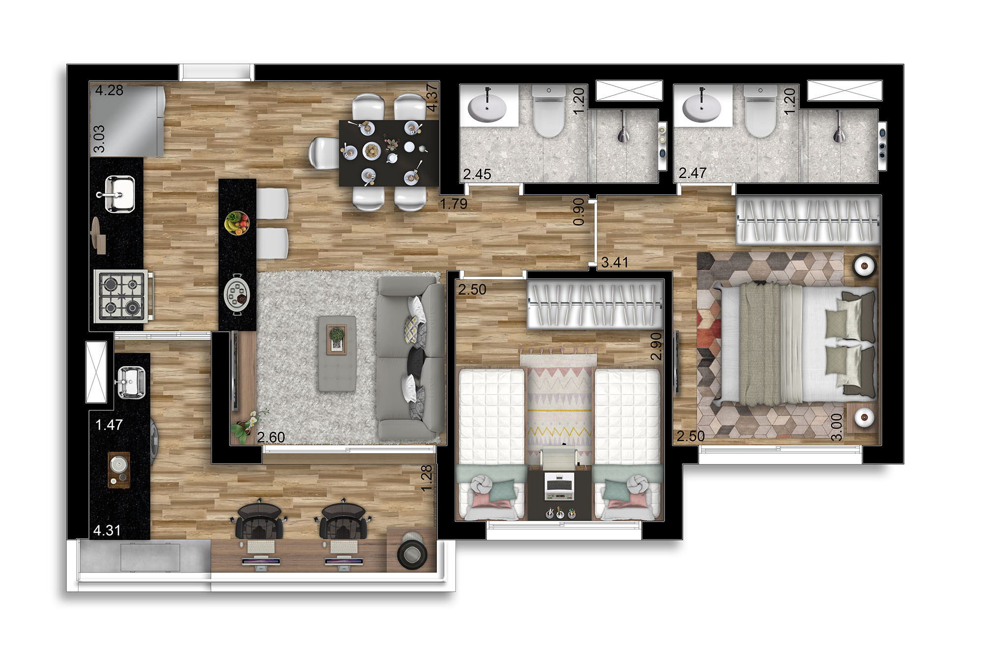 Planta 01 - 2 dorm 55m²