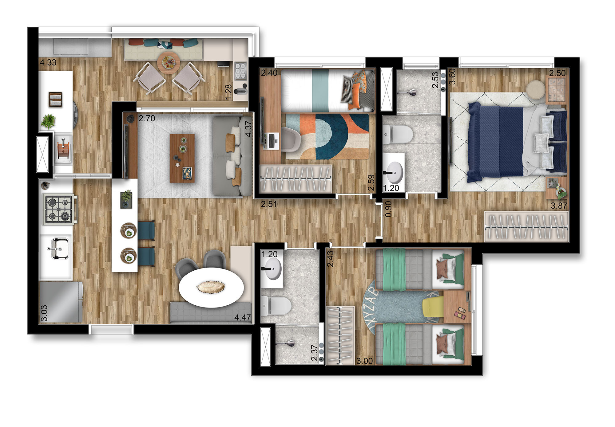 Planta 02 - 3 dorm 66m²