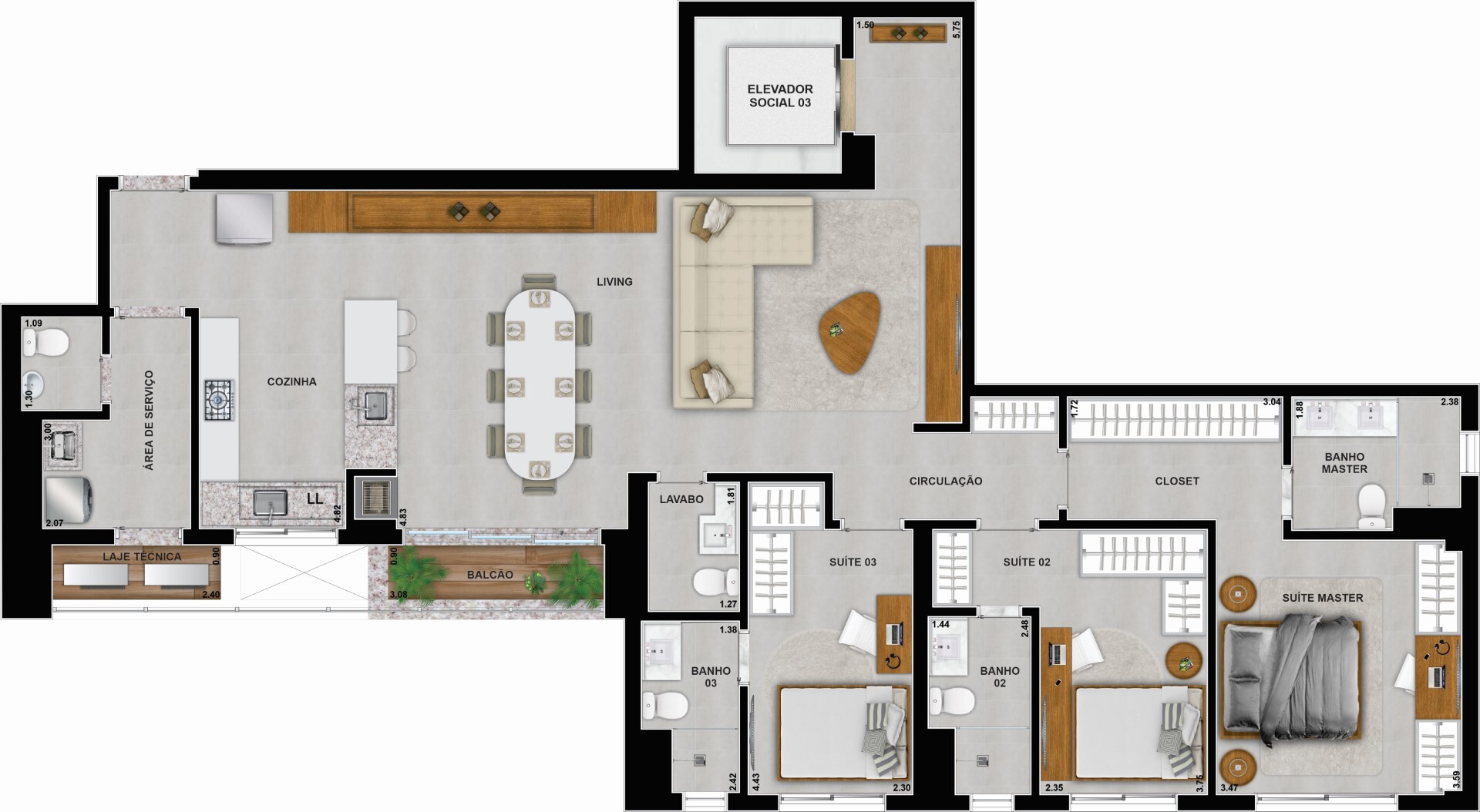 Planta 01 - 3 dorm 145,30m²