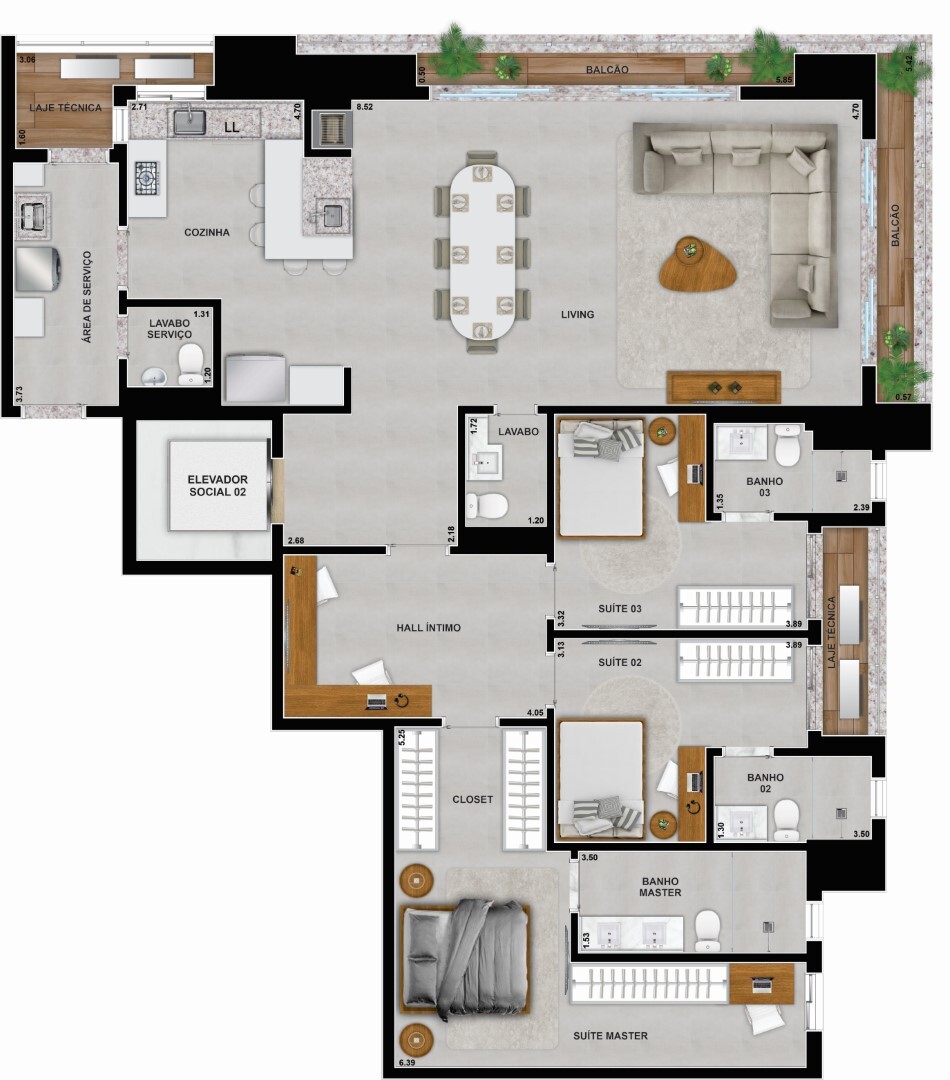 Planta 03 - 3 dorm 171,47m²