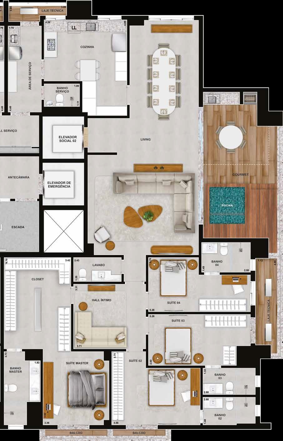 Planta 13 - 4 dorm 266,87m² - penthouse