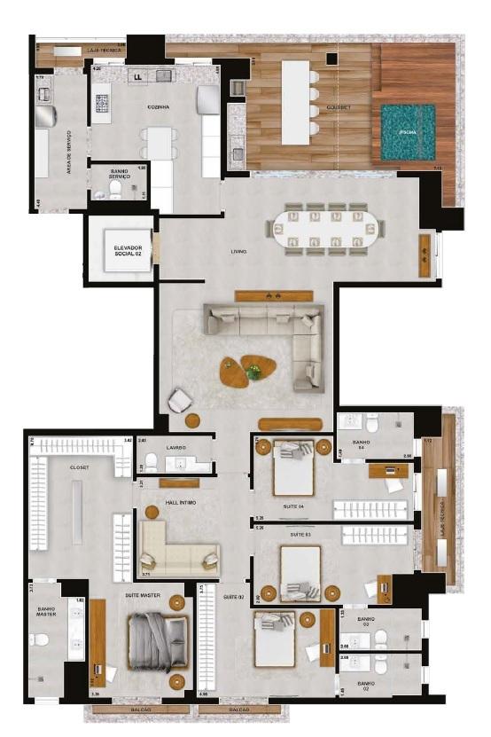 Planta 19 - 4 dorm 273,56m² - penthouse