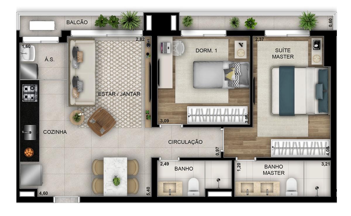 Planta 01 - 2 dorm 68,98m²