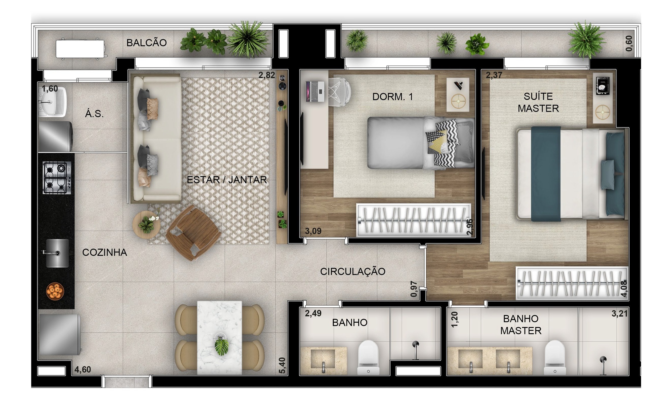 Planta 01 - 2 dorm 68,98m²