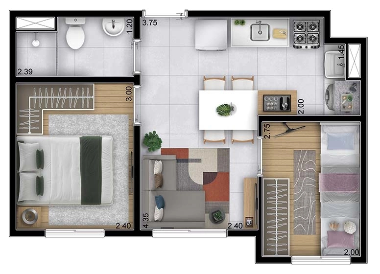 Planta 01 - 2 dorm 33,98m²
