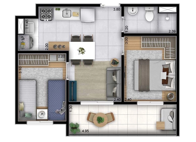 Planta 02 - 2 dorm 44,41m²
