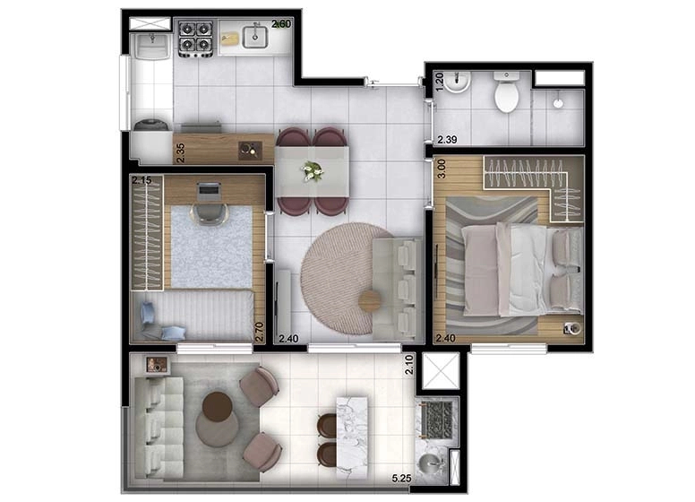Planta 03 - 2 dorm 48,35m²