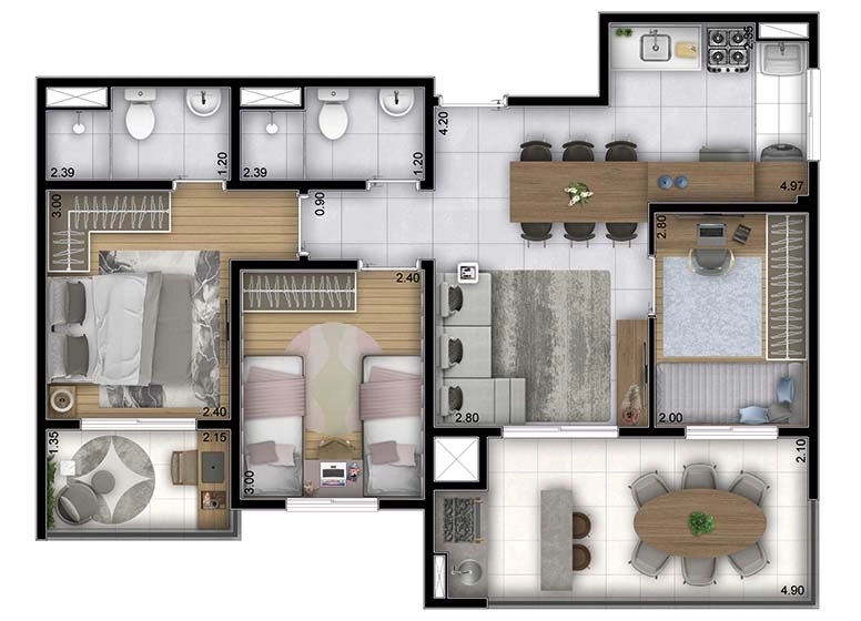 Planta 04 - 3 dorm 66,93m²