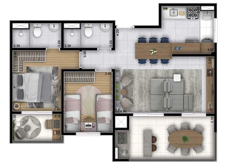 Planta 05 - 2 dorm 66,93m² - opção