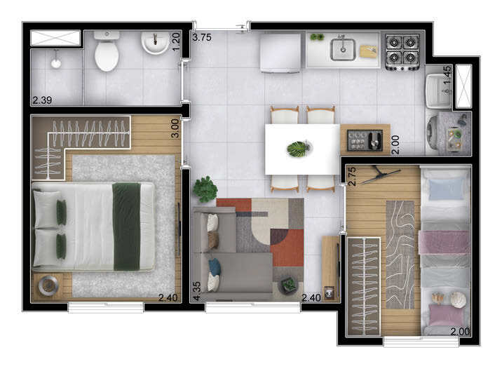 Planta 01 - 2 dorm 33,98m²