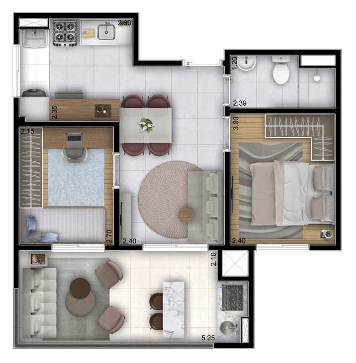 Planta 03 - 2 dorm 48,35m²