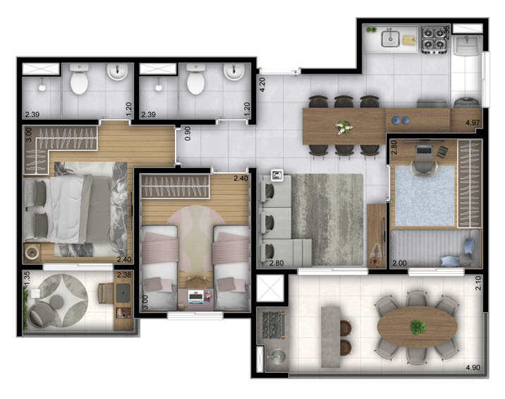 Planta 04 - 3 dorm 66,93m²