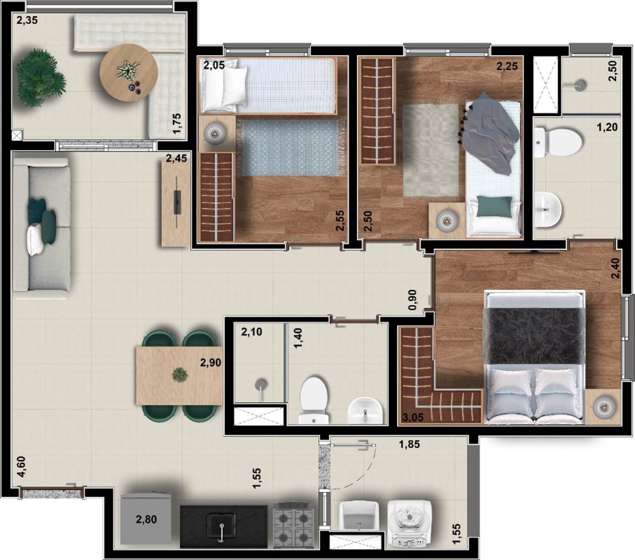 Planta 03 - 3 dorm 57m²