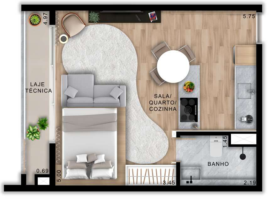 Planta 01 - 1 dorm 37m² - studio