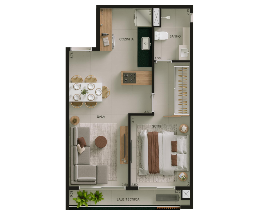 Planta 02 - 1 dorm 45m²