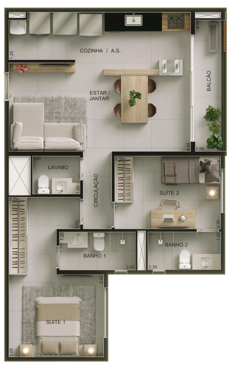 Planta 03 - 2 dorm 70m²