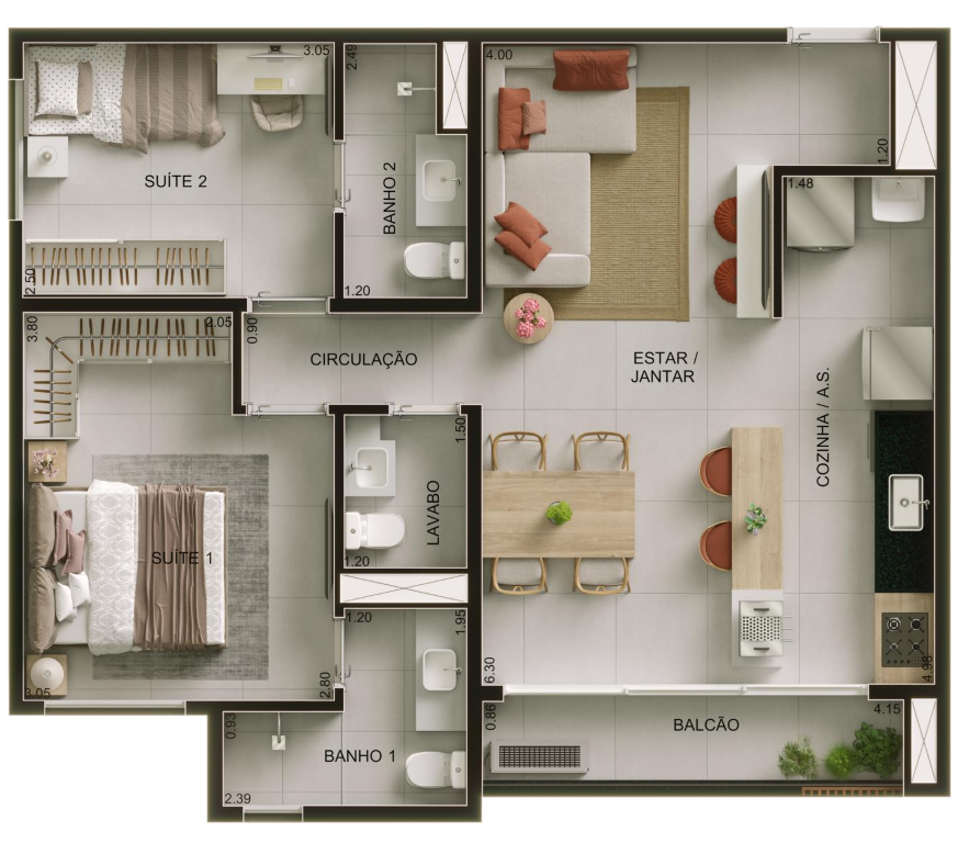 Planta 04 - 2 dorm 70m²