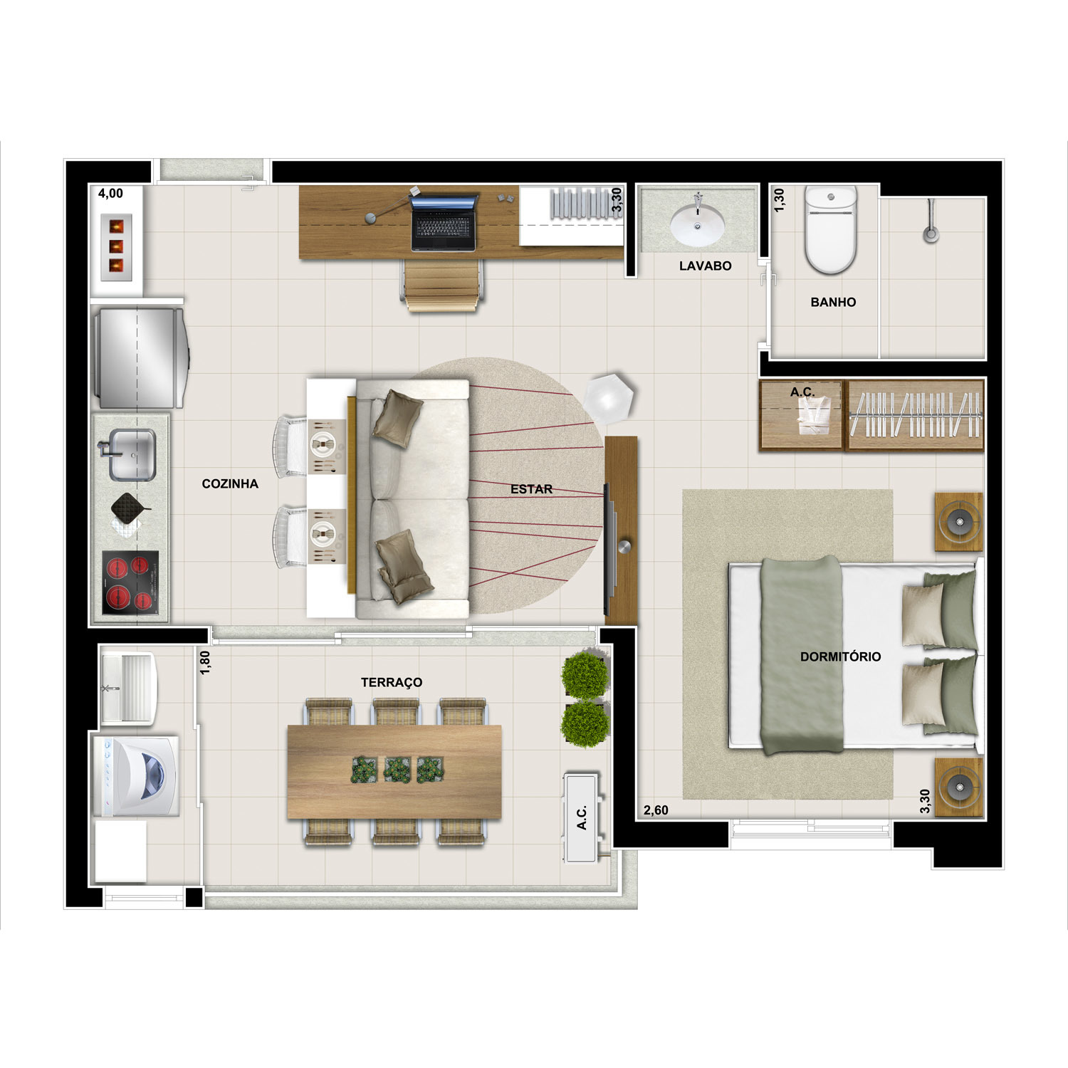 Planta 02 - 1 dorm 38m² - studio