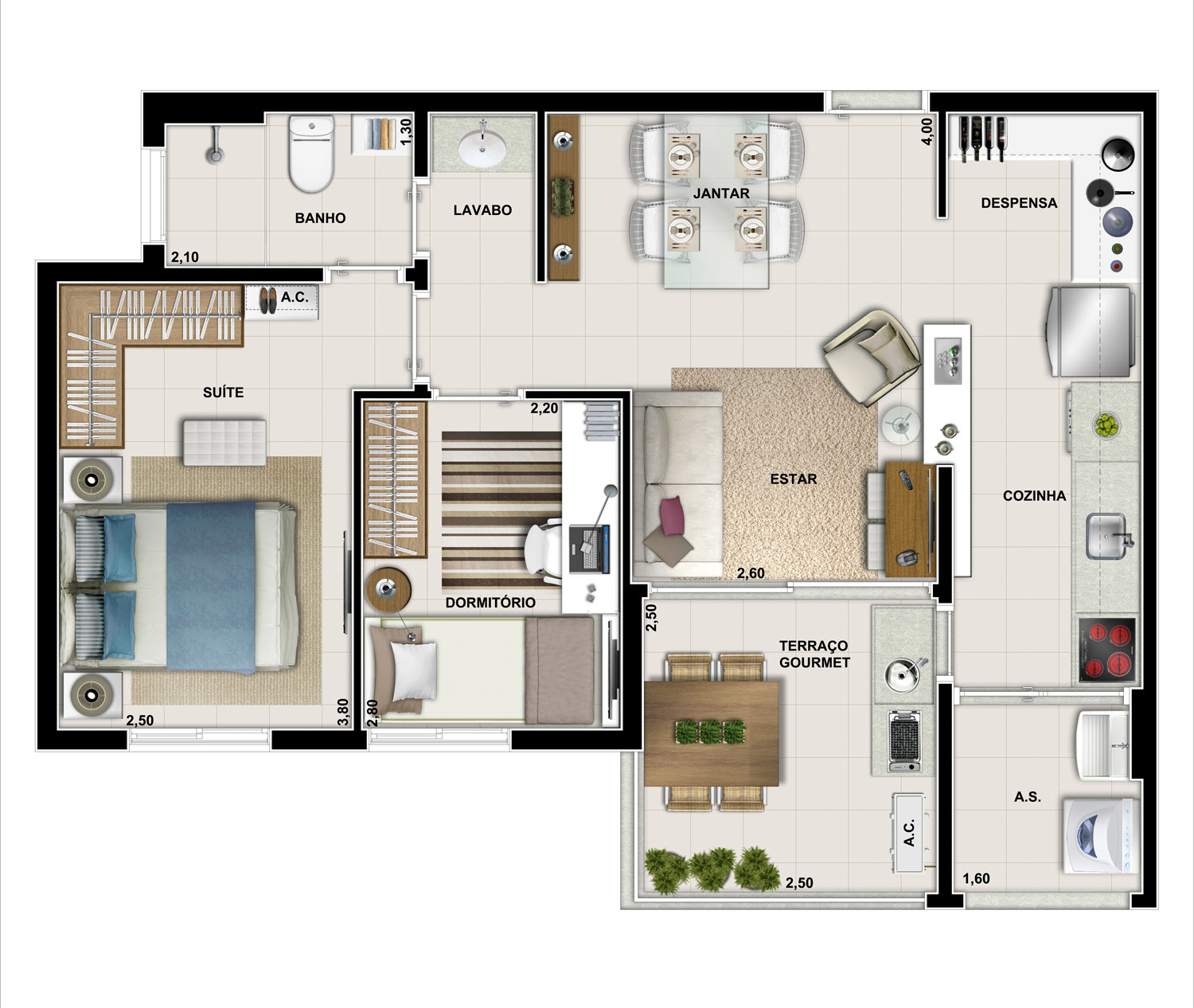 Planta 03 - 2 dorm 58m²