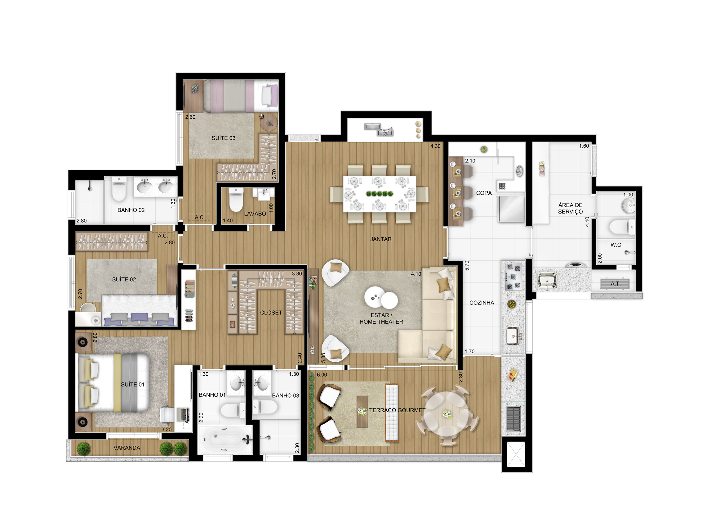Planta 02 - 3 dorm 128m²