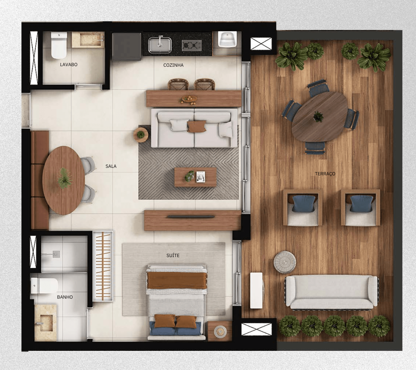 Planta 03 - 1 dorm 70m² - garden