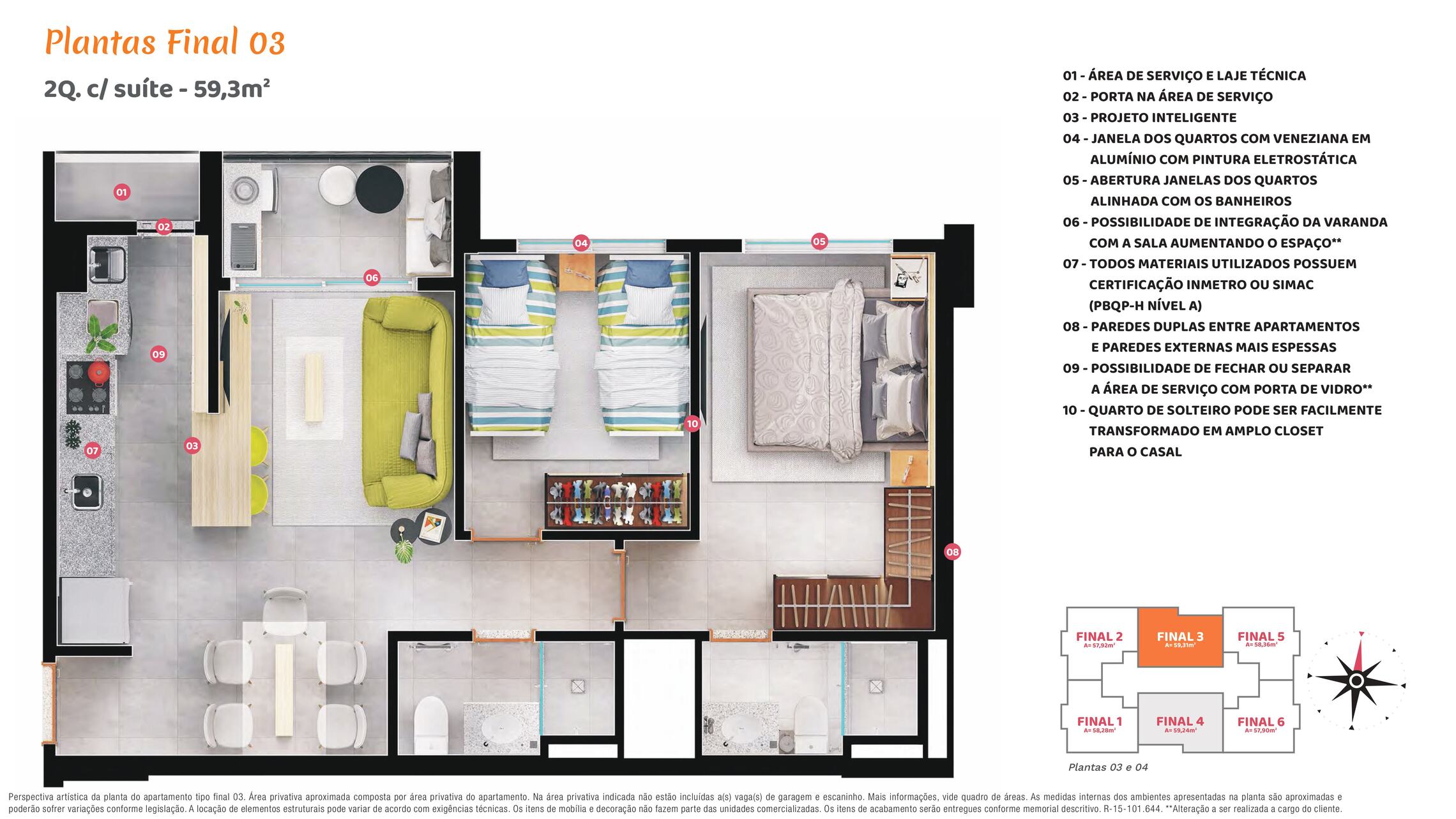 Planta 02 - 2 dorm 58 5m²