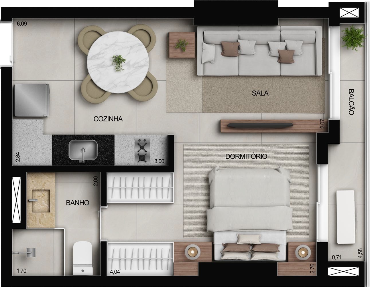 Planta 01 - 1 dorm 37m² - studio