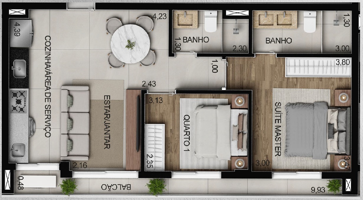 Planta 03 - 2 dorm 62m²