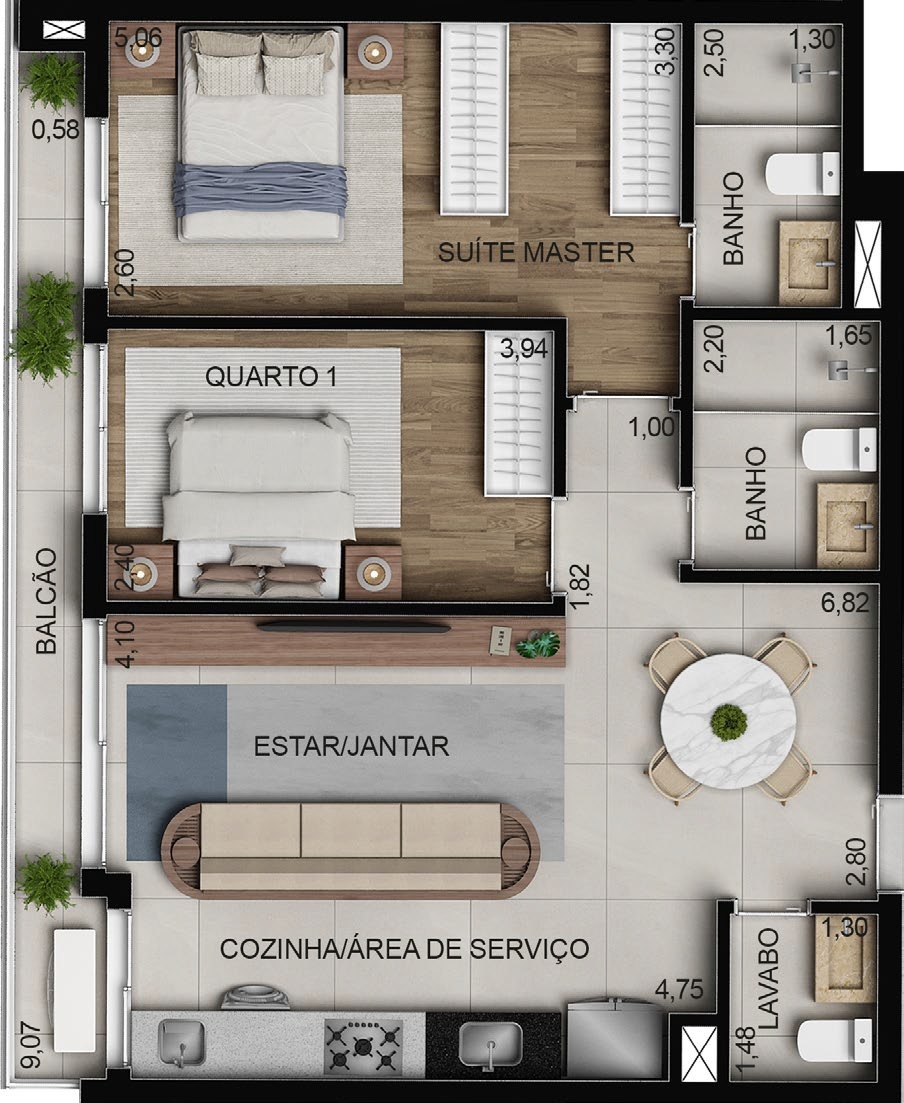 Planta 09 - 2 dorm 76m²