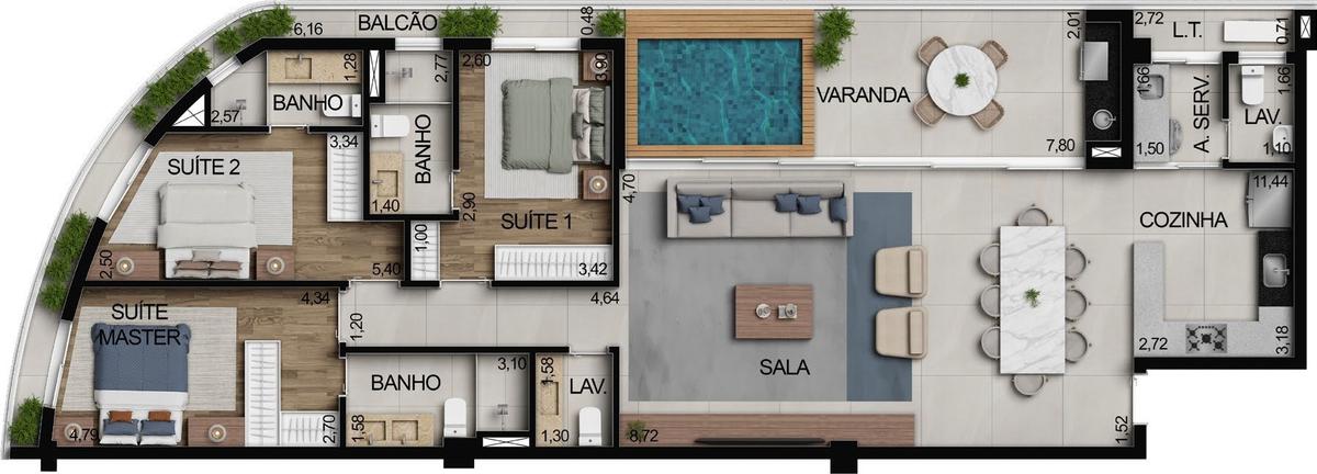 Planta 16 - 3 dorm 154,68m² - cobertura horizontal