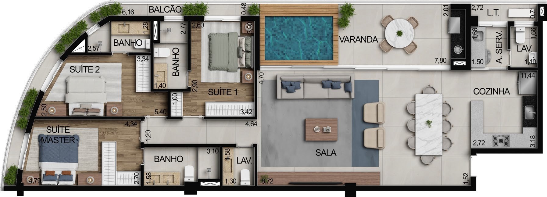 Planta 16 - 3 dorm 154,68m² - cobertura horizontal