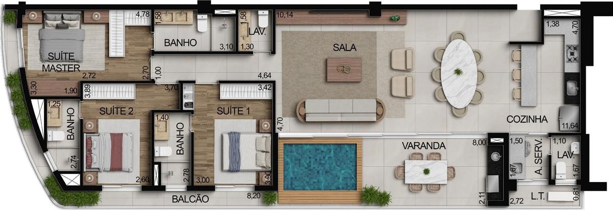 Planta 17 - 3 dorm 167,34m² - cobertura horizontal