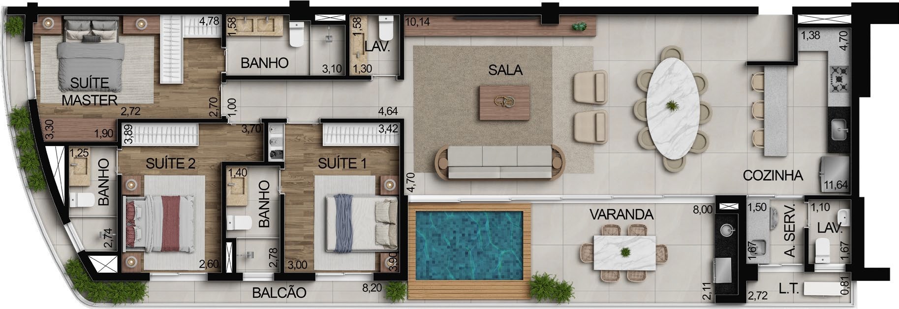 Planta 17 - 3 dorm 167,34m² - cobertura horizontal