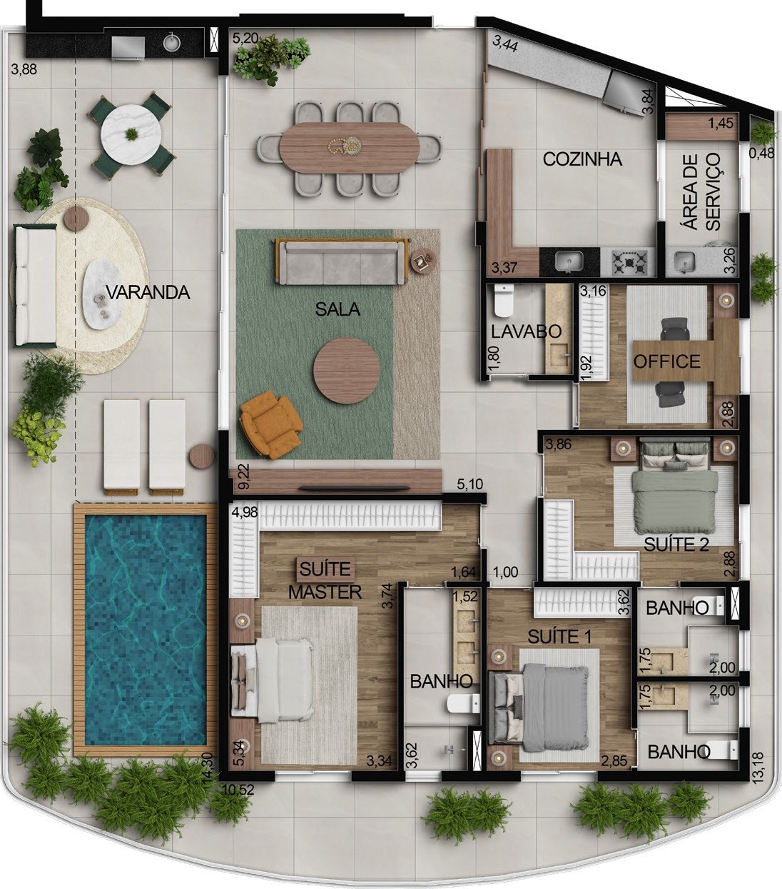Planta 18 - 3 dorm 249,05m² - cobertura horizontal