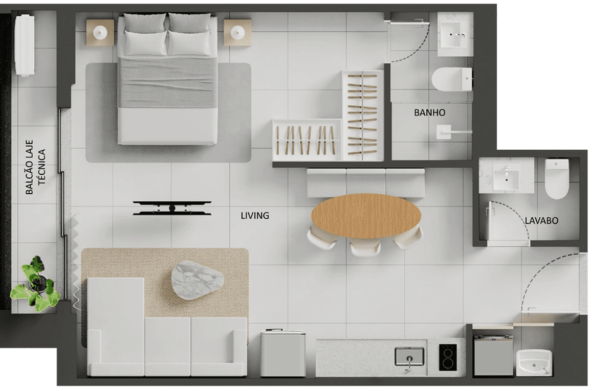 Planta 01 - 1 dorm 48,96m² - studio